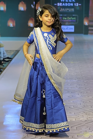 Navy Blue Taffeta Silk Lehenga Set For Girls by Yuvrani Jaipur Kidswear