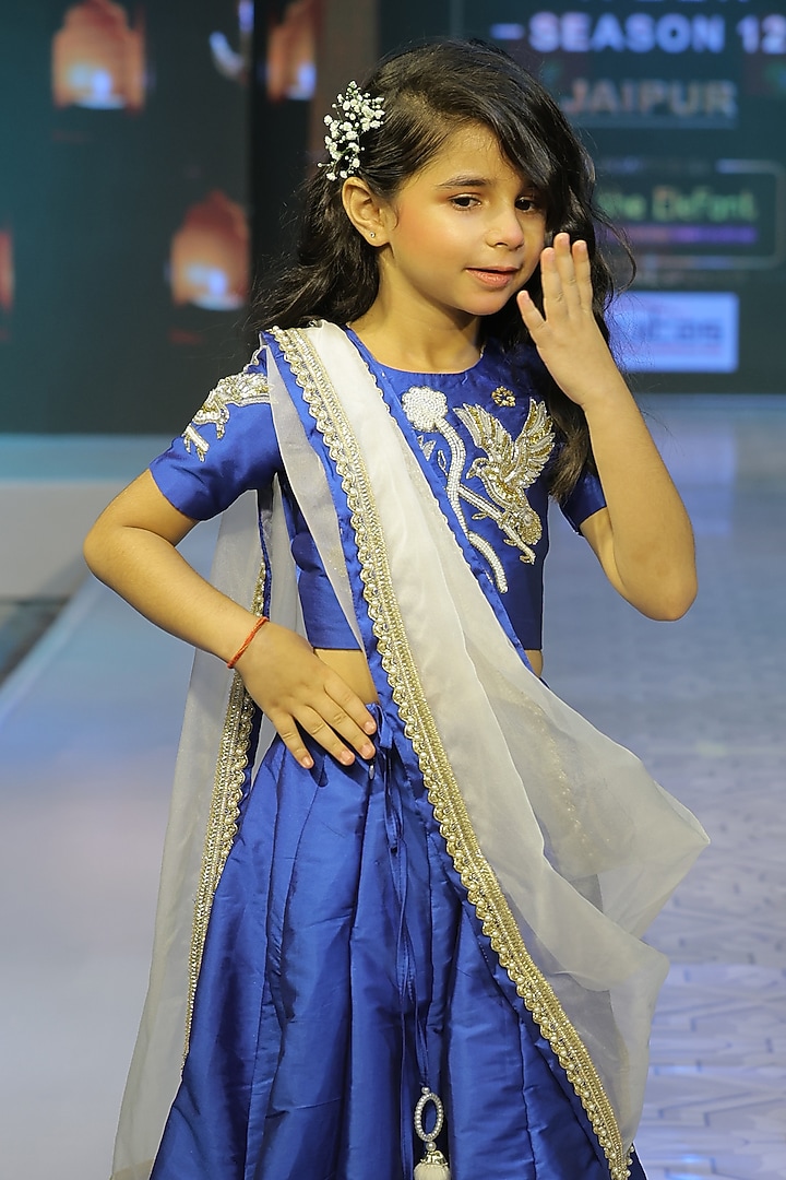 Navy Blue Taffeta Silk Lehenga Set For Girls by Yuvrani Jaipur Kidswear at Pernia's Pop Up Shop