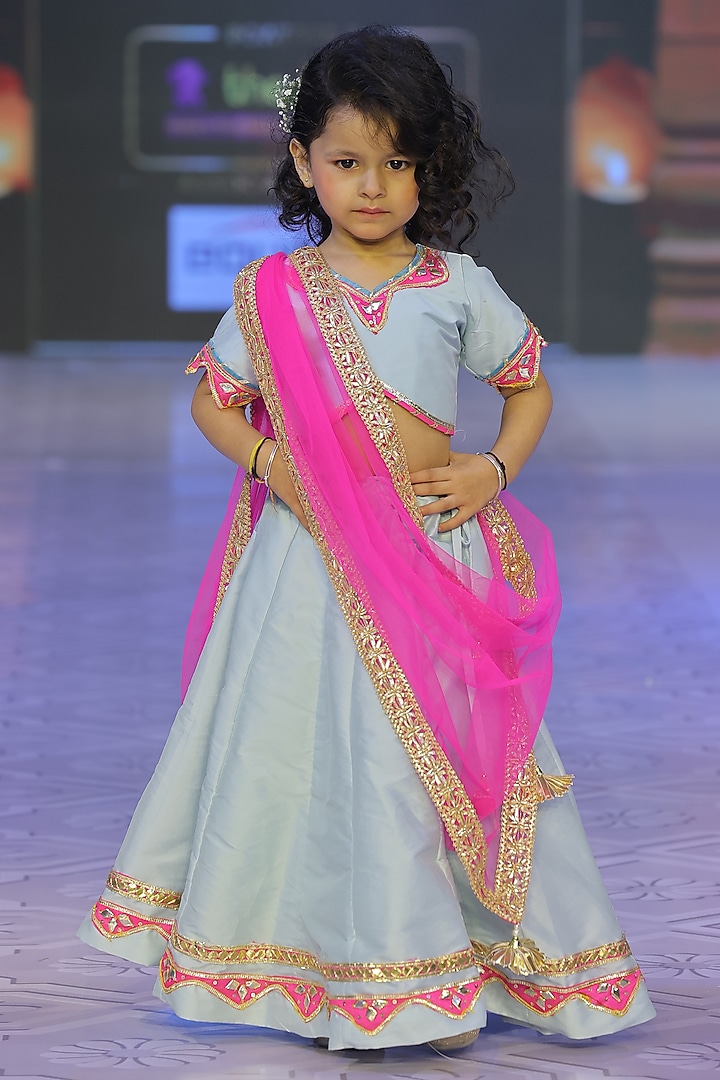 Powder Blue Taffeta Silk Lehenga Set For Girls by Yuvrani Jaipur Kidswear at Pernia's Pop Up Shop