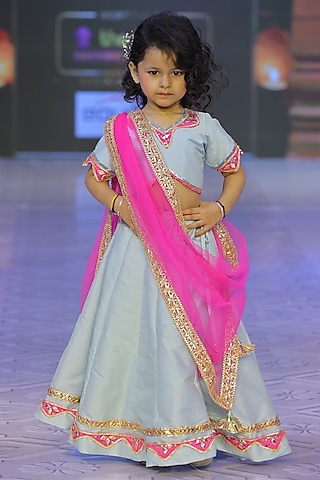 Powder Blue Taffeta Silk Lehenga Set For Girls by Yuvrani Jaipur Kidswear