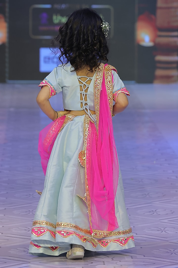 Powder Blue Taffeta Silk Lehenga Set For Girls by Yuvrani Jaipur Kidswear at Pernia's Pop Up Shop