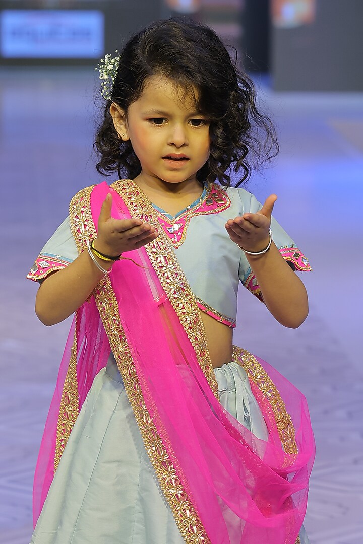 Powder Blue Taffeta Silk Lehenga Set For Girls by Yuvrani Jaipur Kidswear at Pernia's Pop Up Shop