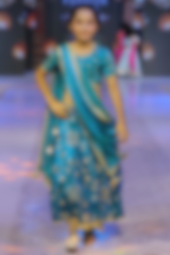 Teal Blue Silk Embroidered Lehenga Set For Girls by Yuvrani Jaipur Kidswear at Pernia's Pop Up Shop