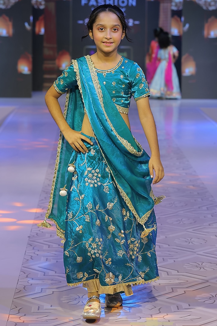 Teal Blue Silk Embroidered Lehenga Set For Girls by Yuvrani Jaipur Kidswear at Pernia's Pop Up Shop