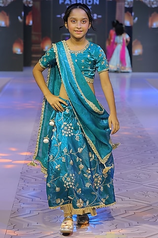 Teal Blue Silk Embroidered Lehenga Set For Girls by Yuvrani Jaipur Kidswear