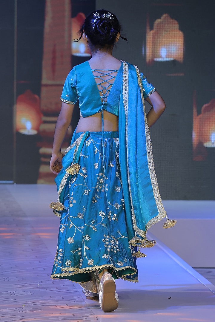 Teal Blue Silk Embroidered Lehenga Set For Girls by Yuvrani Jaipur Kidswear at Pernia's Pop Up Shop