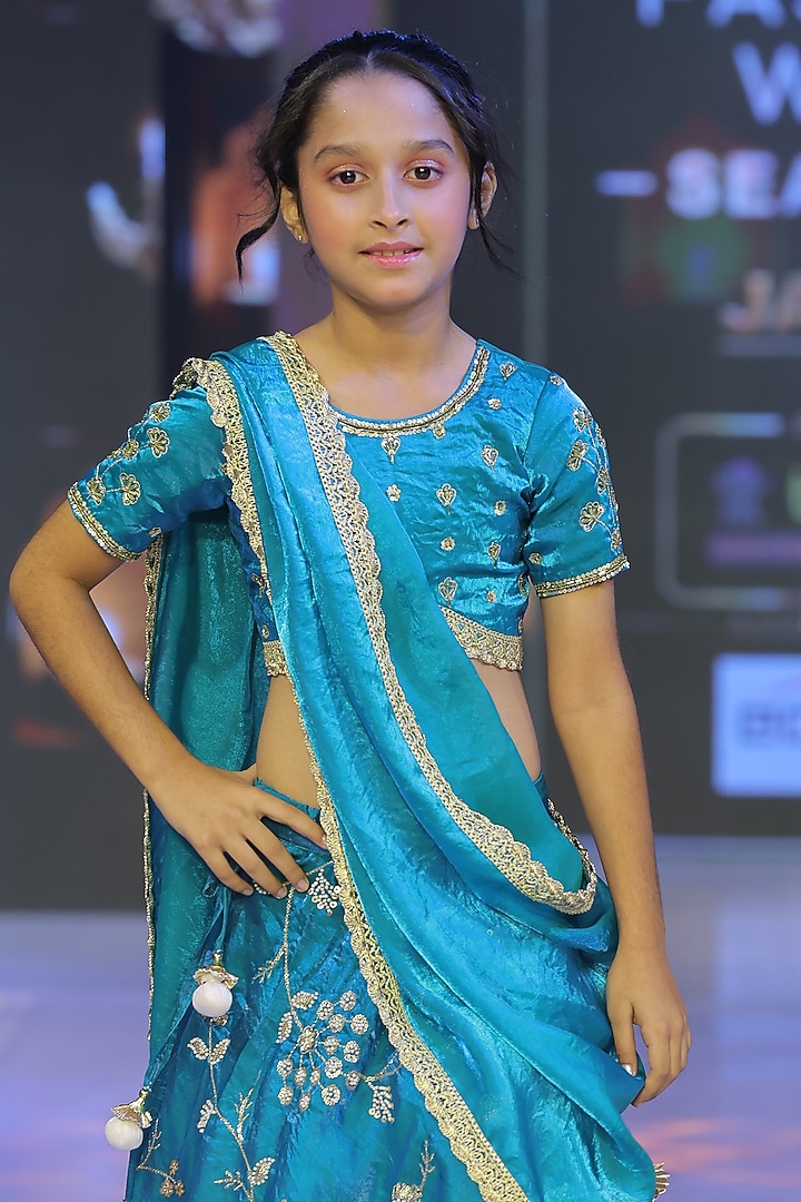 Teal Blue Silk Embroidered Lehenga Set For Girls by Yuvrani Jaipur Kidswear at Pernia's Pop Up Shop