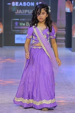 Purple Spun Silk Lehenga Set For Girls by Yuvrani Jaipur Kidswear