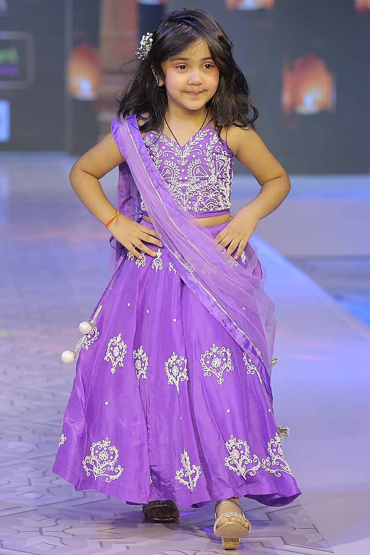 Violet Pure Spun Hand Embroidered Lehenga Set For Girls by Yuvrani Jaipur Kidswear at Pernia's Pop Up Shop