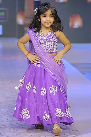Violet Pure Spun Hand Embroidered Lehenga Set For Girls by Yuvrani Jaipur Kidswear
