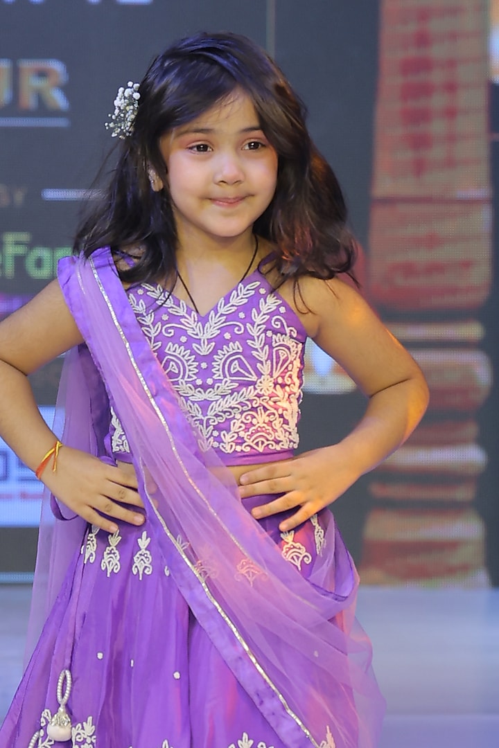 Violet Pure Spun Hand Embroidered Lehenga Set For Girls by Yuvrani Jaipur Kidswear at Pernia's Pop Up Shop