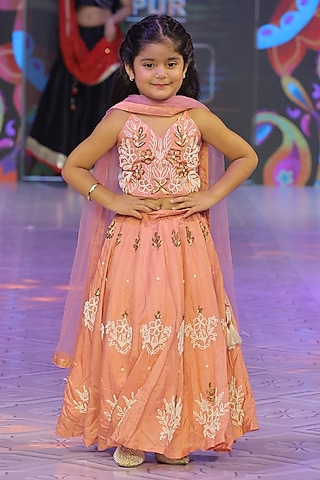 Onion Pink Pure Spun Hand Embroidered Lehenga Set For Girls by Yuvrani Jaipur Kidswear
