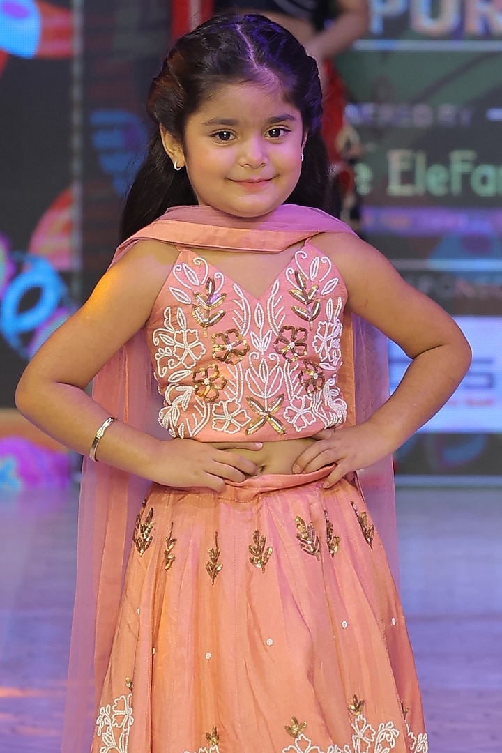 Onion Pink Pure Spun Hand Embroidered Lehenga Set For Girls by Yuvrani Jaipur Kidswear at Pernia's Pop Up Shop