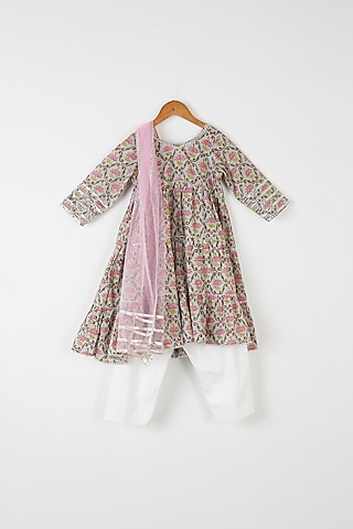Grey & White Printed Kurta Set For Girls by Yuvrani Jaipur Kidswear