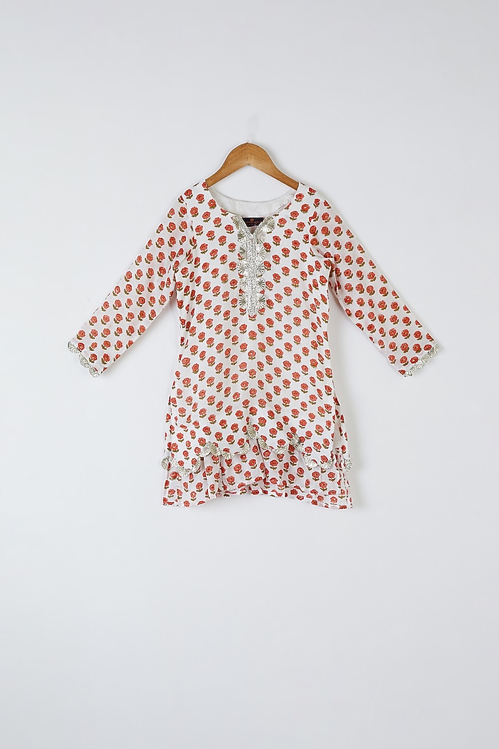 White Floral Printed Kurta Set For Girls by Yuvrani Jaipur Kidswear at Pernia's Pop Up Shop