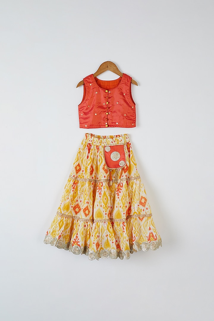 Yellow & Orange Printed Skirt Set For Girls by Yuvrani Jaipur Kidswear at Pernia's Pop Up Shop