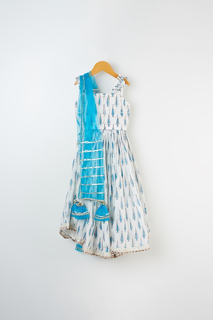 Ivory & Powder Blue Hand Block Printed Skirt Set For Girls by Yuvrani Jaipur Kidswear