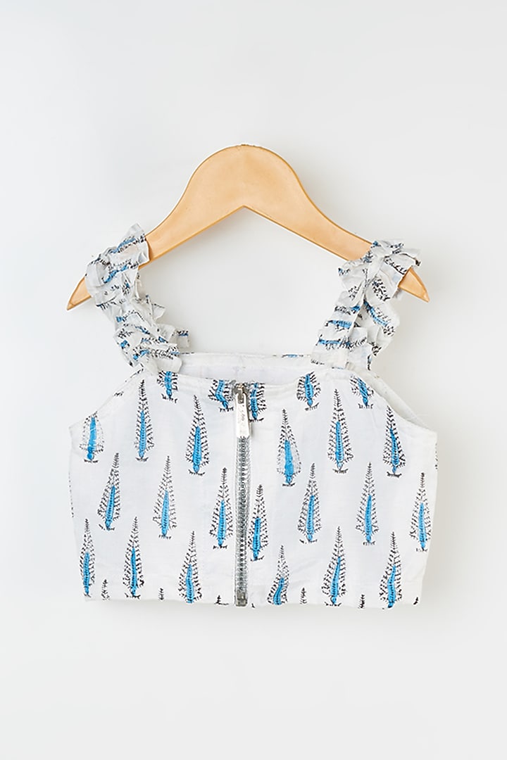 Ivory & Powder Blue Hand Block Printed Skirt Set For Girls by Yuvrani Jaipur Kidswear at Pernia's Pop Up Shop
