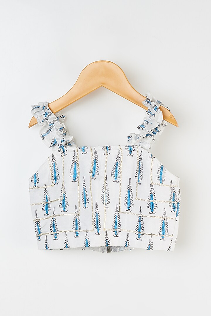 Ivory & Powder Blue Hand Block Printed Skirt Set For Girls by Yuvrani Jaipur Kidswear at Pernia's Pop Up Shop