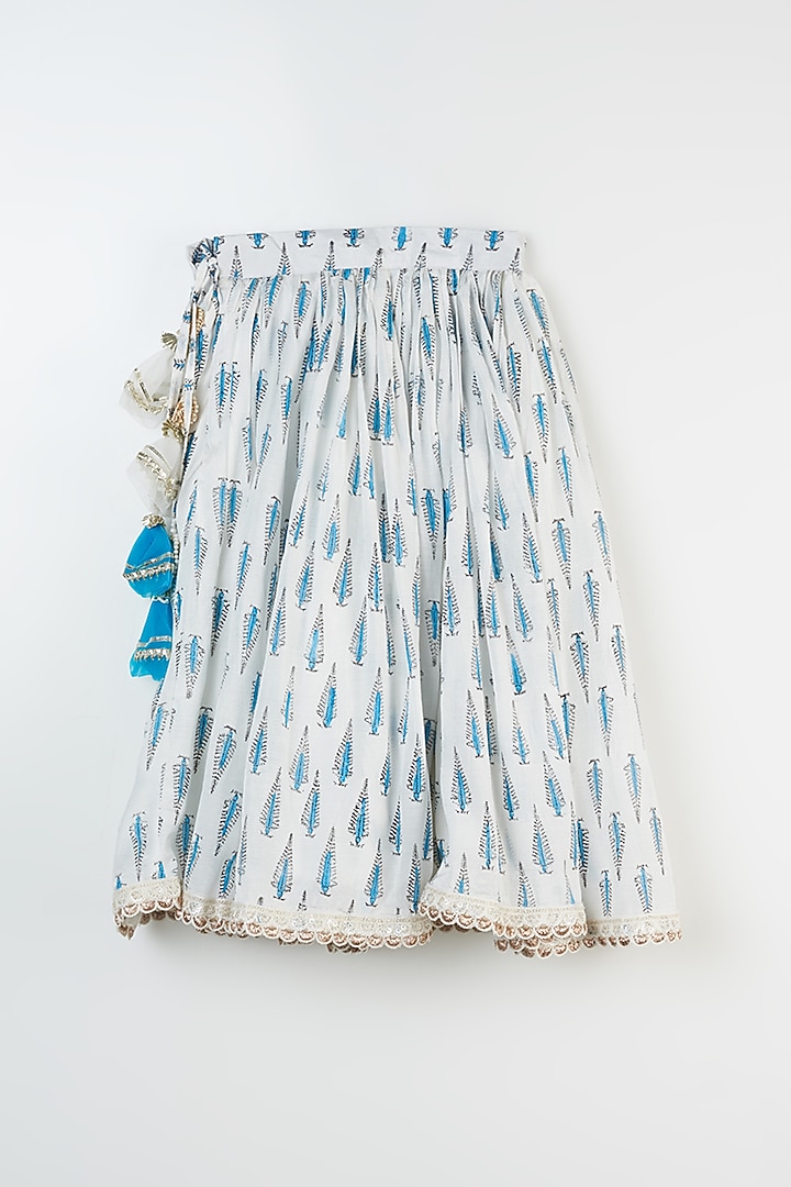Ivory & Powder Blue Hand Block Printed Skirt Set For Girls by Yuvrani Jaipur Kidswear at Pernia's Pop Up Shop