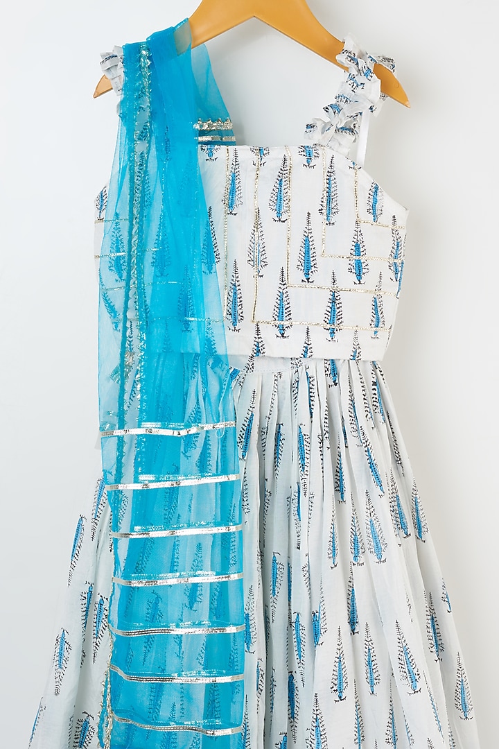 Ivory & Powder Blue Hand Block Printed Skirt Set For Girls by Yuvrani Jaipur Kidswear at Pernia's Pop Up Shop