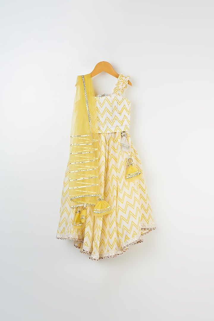 Ivory & Butter Yellow Hand Block Printed Skirt Set For Girls by Yuvrani Jaipur Kidswear