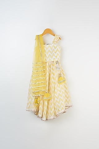 Ivory & Butter Yellow Hand Block Printed Skirt Set For Girls by Yuvrani Jaipur Kidswear