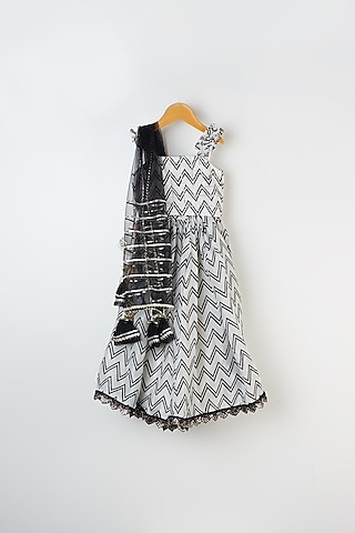 Ivory & Black Hand Block Printed Skirt Set For Girls by Yuvrani Jaipur Kidswear