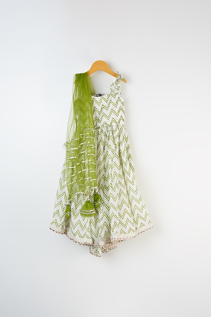 Ivory & Olive Green Printed Skirt Set For Girls by Yuvrani Jaipur Kidswear