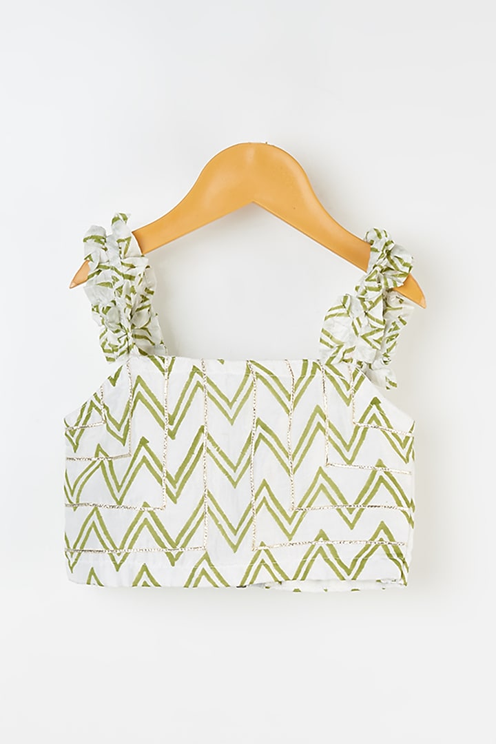 Ivory & Olive Green Printed Skirt Set For Girls by Yuvrani Jaipur Kidswear at Pernia's Pop Up Shop