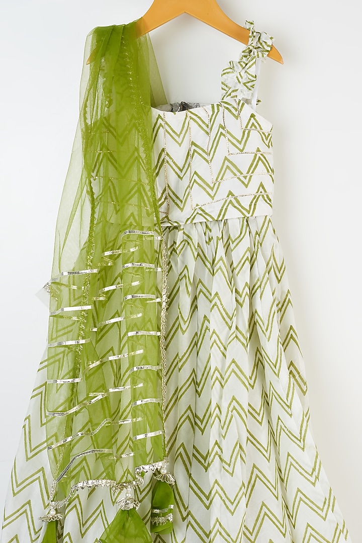 Ivory & Olive Green Printed Skirt Set For Girls by Yuvrani Jaipur Kidswear at Pernia's Pop Up Shop