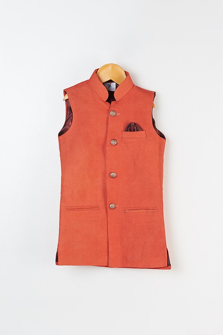 Orange Linen Nehru Jacket For Boys by Yuvrani Jaipur Kidswear