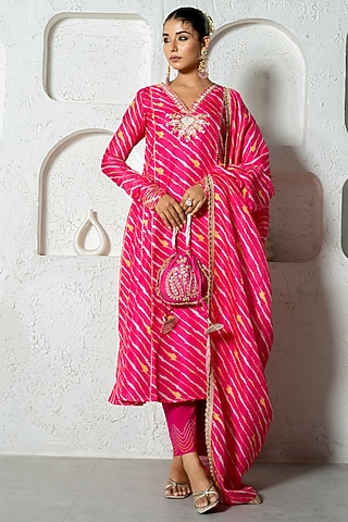 Hot Pink Kota Doriya Hand Embroidered Anarkali Set by Yuvrani Jaipur