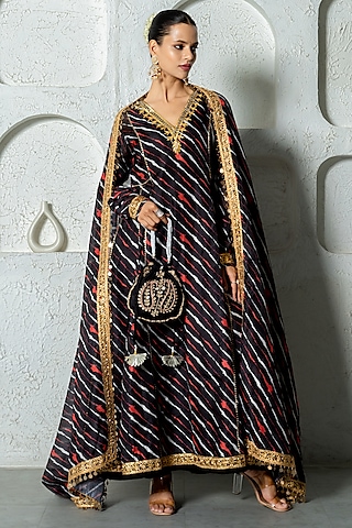 Black Kota Doriya Hand Embroidered Anarkali Set by Yuvrani Jaipur
