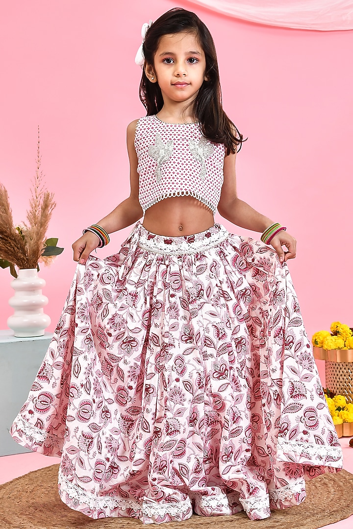 Pink Cotton Floral Printed Lehenga Set For Girls by Yuvrani Jaipur Kidswear at Pernia's Pop Up Shop