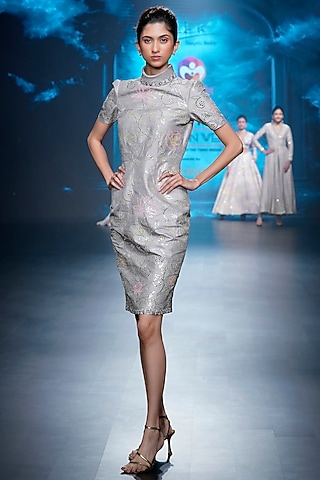 Grey Falling Raw Silk Zardosi Embroidered Bodycon Dress by Yaksi Deepthi Reddy