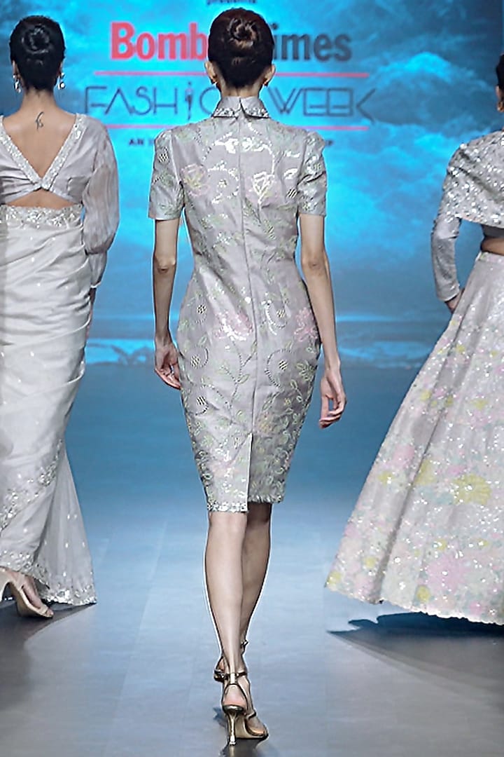 Grey Falling Raw Silk Zardosi Embroidered Bodycon Party Wear Dress by Yaksi Deepthi Reddy at Pernia's Pop Up Shop