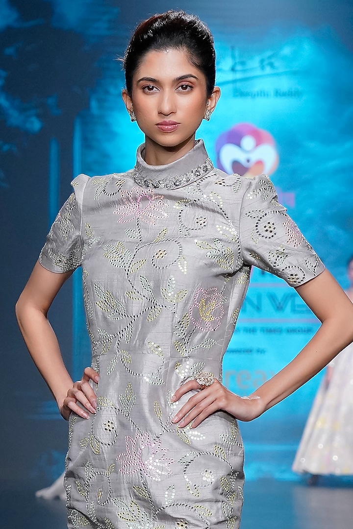 Grey Falling Raw Silk Zardosi Embroidered Bodycon Party Wear Dress by Yaksi Deepthi Reddy at Pernia's Pop Up Shop
