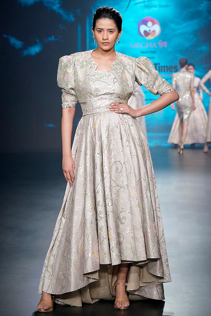 Grey Falling Raw Silk High-Low Gown With Jacket by Yaksi Deepthi Reddy