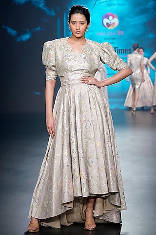 Grey Falling Raw Silk High-Low Gown With Jacket by Yaksi Deepthi Reddy