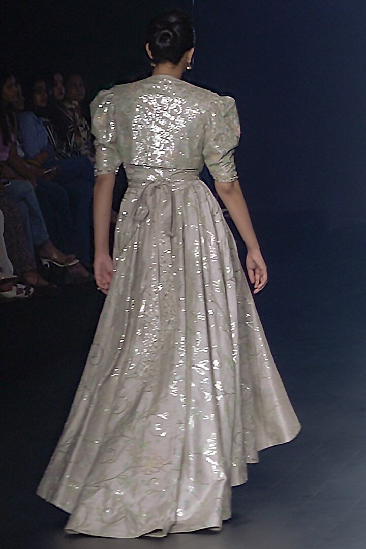 Grey Falling Raw Silk High-Low Bridal Gown With Jacket by Yaksi Deepthi Reddy at Pernia's Pop Up Shop