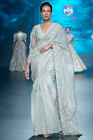 Grey Chanderi Zardosi Embroidered Saree Set by Yaksi Deepthi Reddy