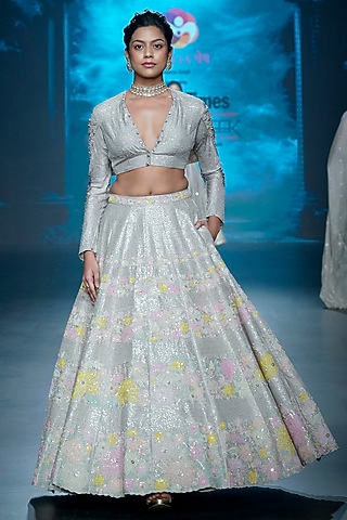 Smokey Grey Raw Silk Sequins Embroidered Lehenga Set by Yaksi Deepthi Reddy