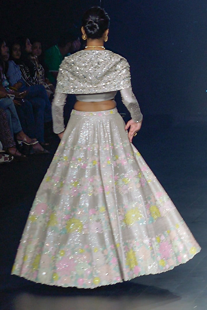 Smokey Grey Raw Silk Sequins Embroidered Bridal Lehenga Set by Yaksi Deepthi Reddy at Pernia's Pop Up Shop