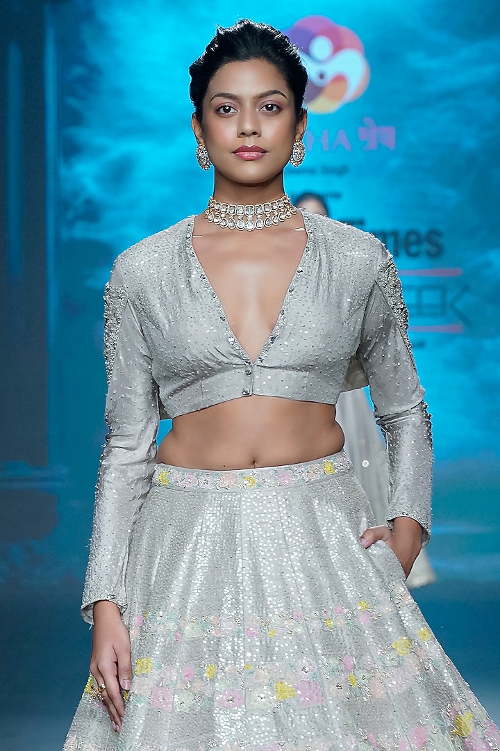 Smokey Grey Raw Silk Sequins Embroidered Bridal Lehenga Set by Yaksi Deepthi Reddy at Pernia's Pop Up Shop