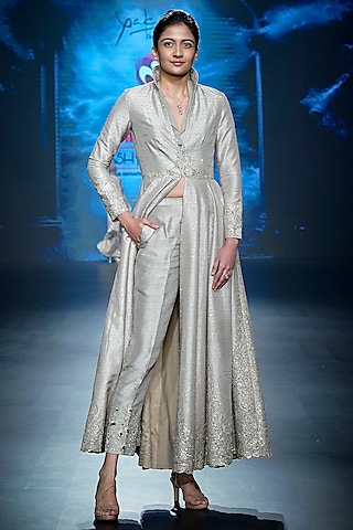 Smokey Grey Raw Silk Sequins Embroidered Anarkali Set by Yaksi Deepthi Reddy
