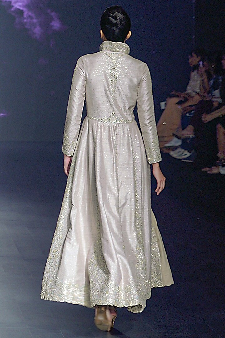 Smokey Grey Raw Silk Sequins Embroidered Bridal Anarkali Set by Yaksi Deepthi Reddy at Pernia's Pop Up Shop