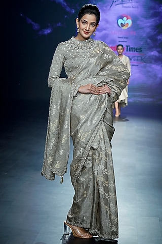 Grey Chanderi Zardosi Embroidered Saree Set by Yaksi Deepthi Reddy