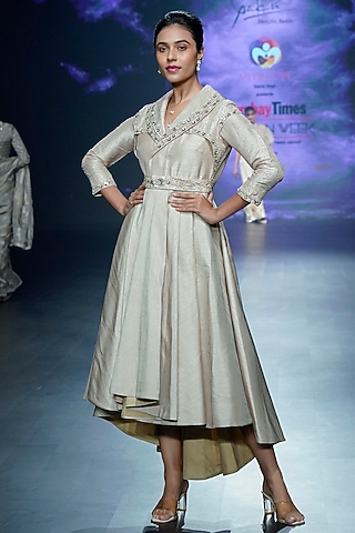 Light Gold Raw Silk Sequins Embroidered High-Low Gown With Belt by Yaksi Deepthi Reddy