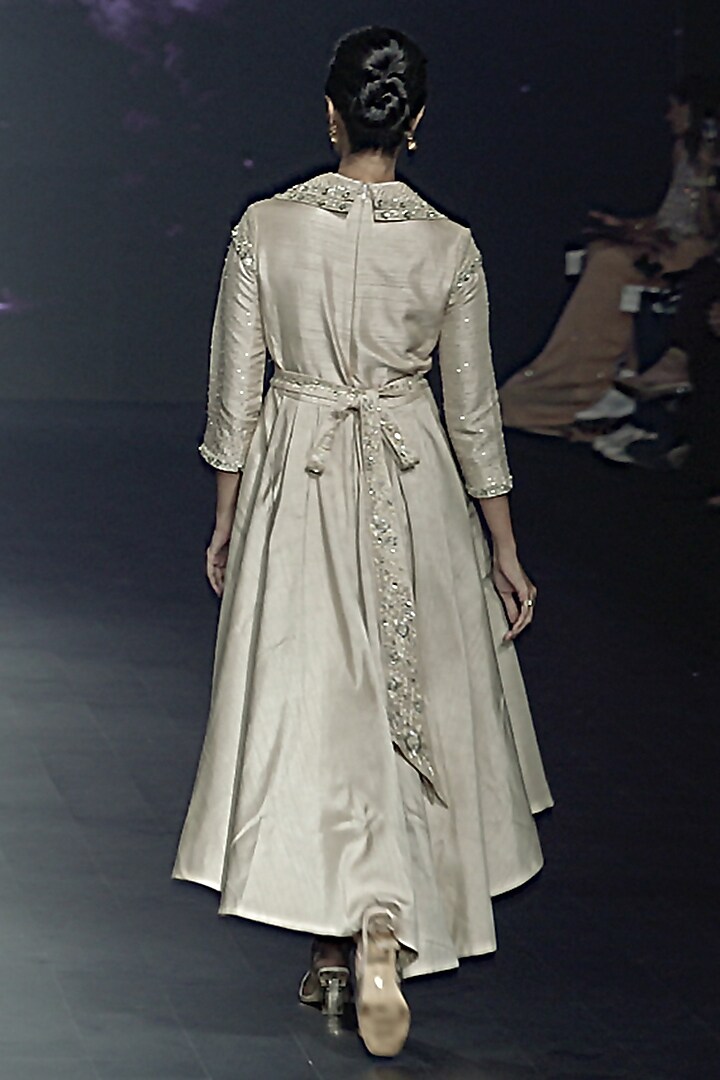 Light Gold Raw Silk Sequins Embroidered High-Low Wedding Gown With Belt by Yaksi Deepthi Reddy at Pernia's Pop Up Shop